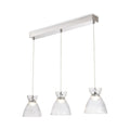 Bexley Textured Glass LED 3 Light Bar Pendant in chrome with clear fluted glass shades, angled view