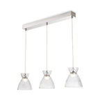 Bexley Textured Glass LED 3 Light Bar Pendant in chrome with clear fluted glass shades, angled view