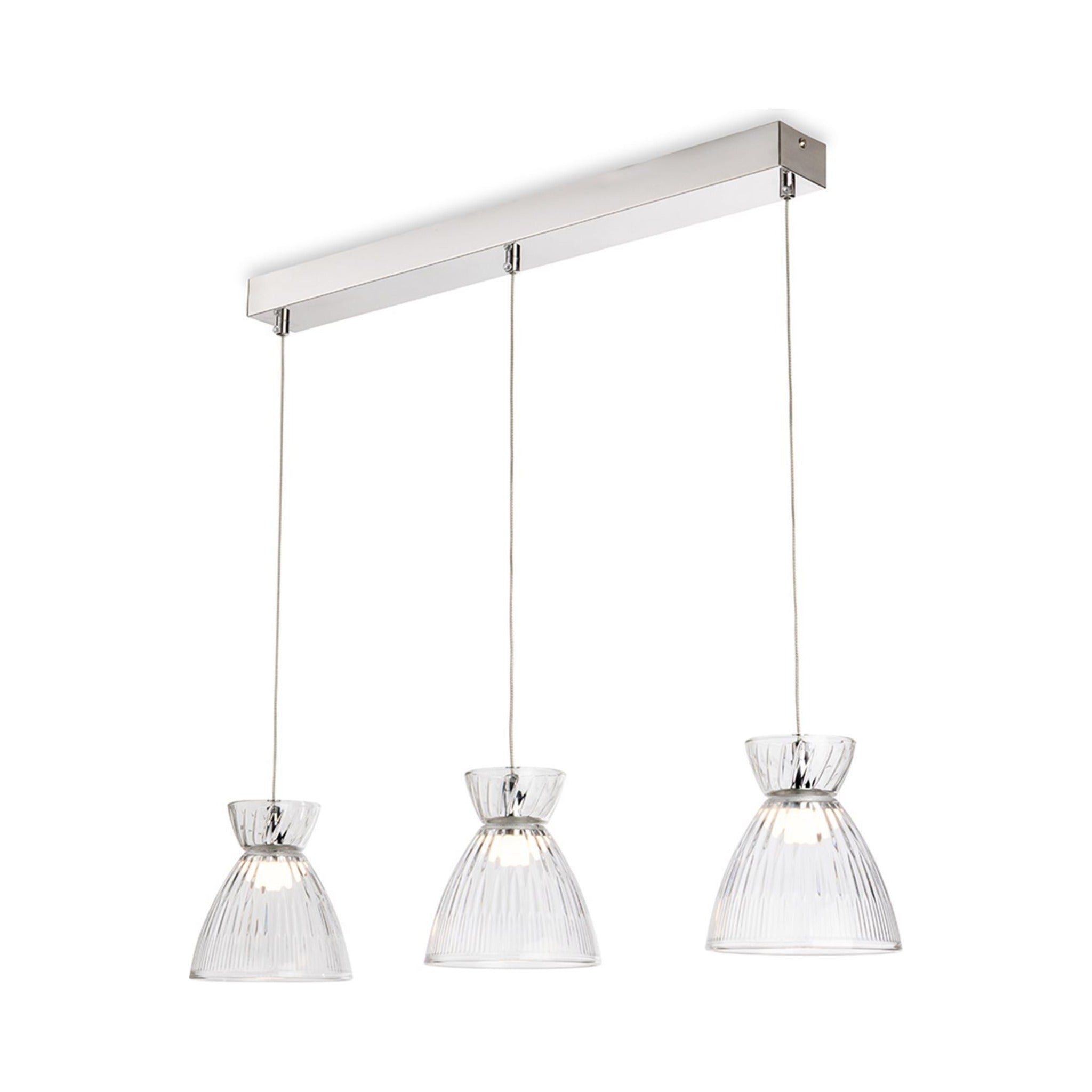 Bexley Textured Glass LED 3 Light Bar Pendant in chrome with clear fluted glass shades, angled view