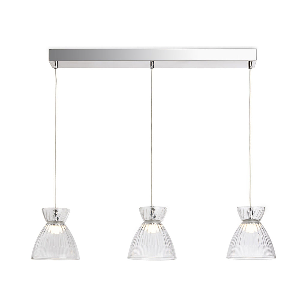 Bexley Textured Glass LED 3 Light Bar Pendant in clear glass, straight-on view of the chrome bar and three shades
