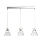 Bexley Textured Glass LED 3 Light Bar Pendant in clear glass, straight-on view of the chrome bar and three shades