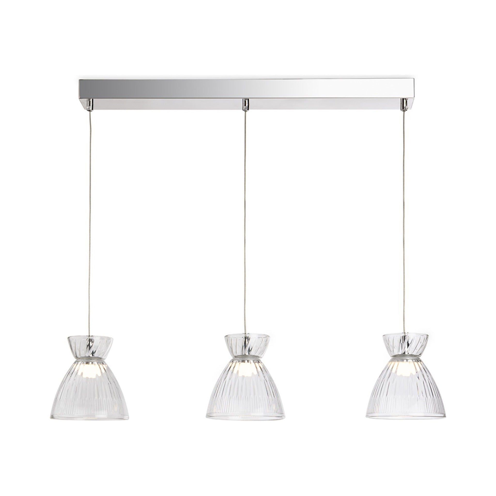 Bexley Textured Glass LED 3 Light Bar Pendant in clear glass, straight-on view of the chrome bar and three shades