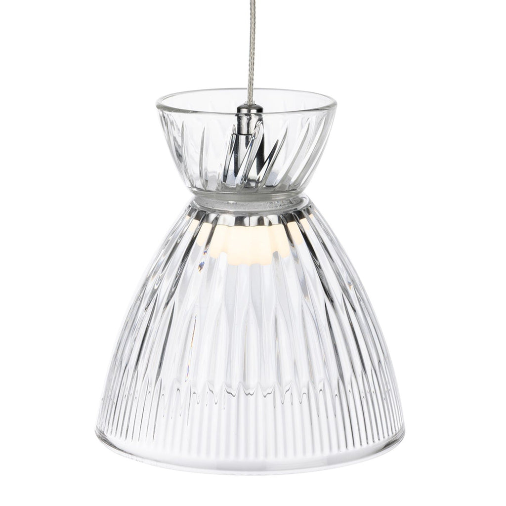 Single clear fluted glass shade of the Bexley 3 Light Bar Pendant, lit