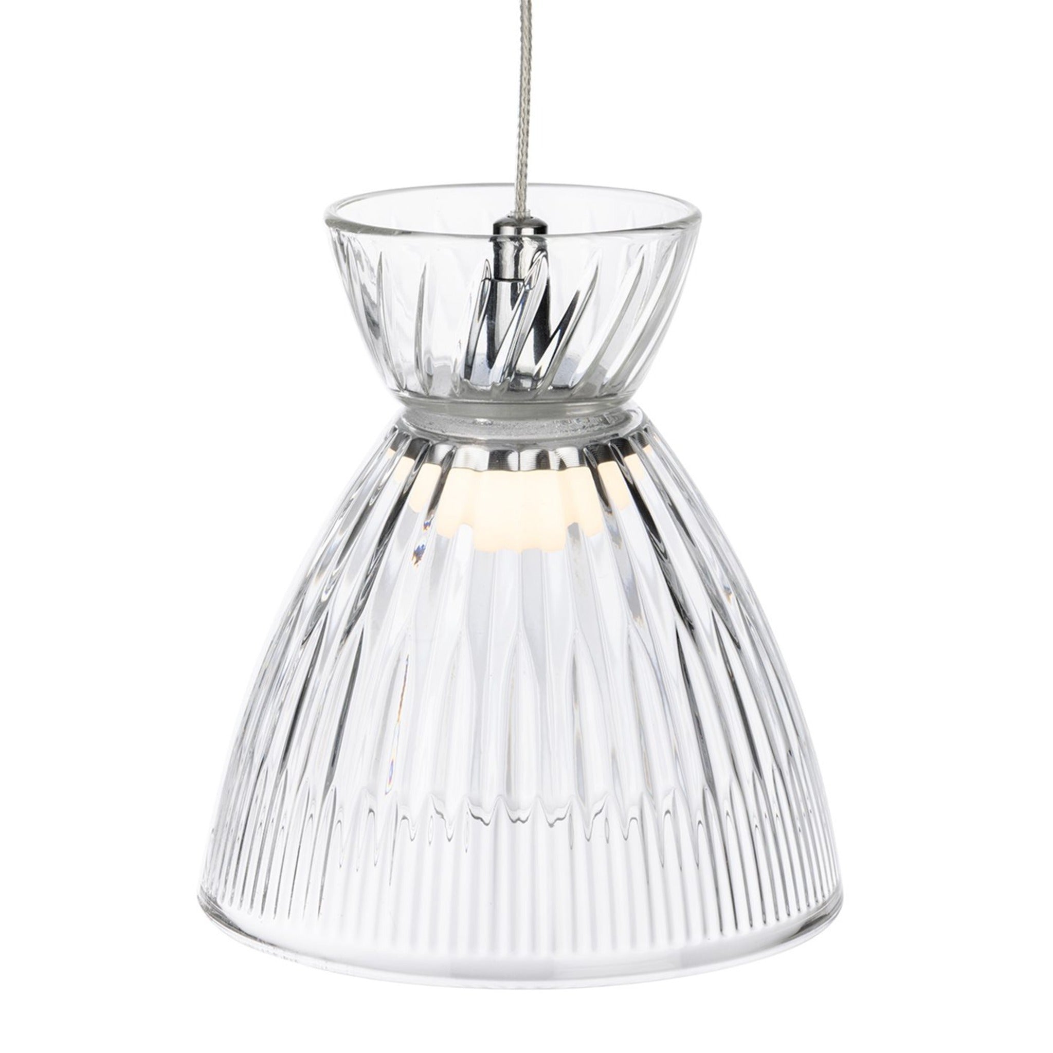 Single clear fluted glass shade of the Bexley 3 Light Bar Pendant, lit