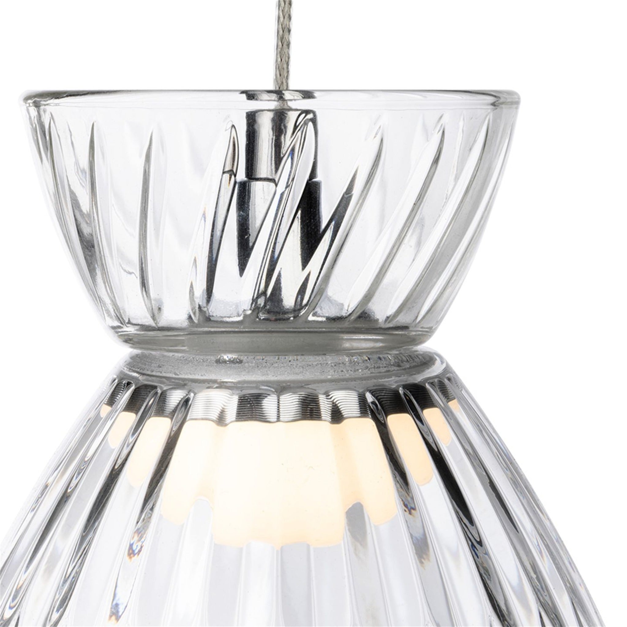 Close detail of the two-part clear fluted glass shade and chrome fitting