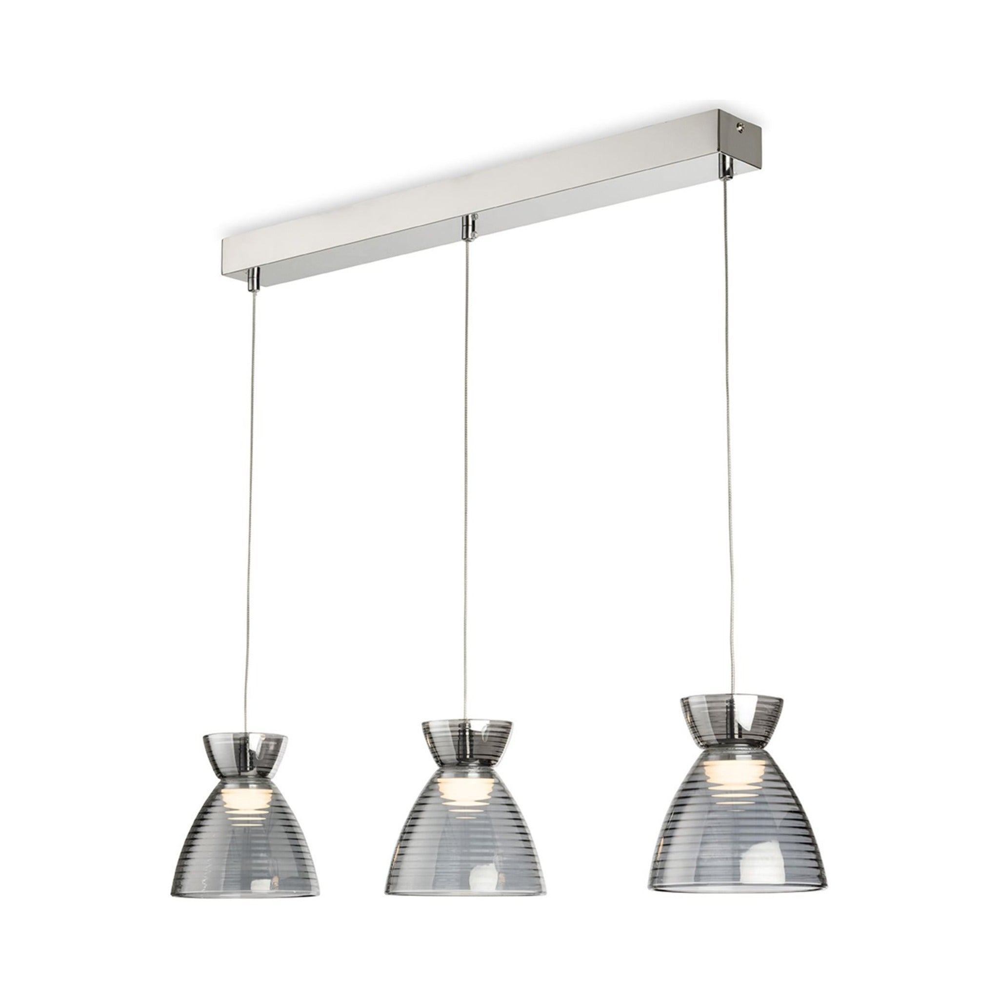 Bexley Textured Glass LED 3 Light Bar Pendant in chrome with smoked ribbed glass shades, angled view