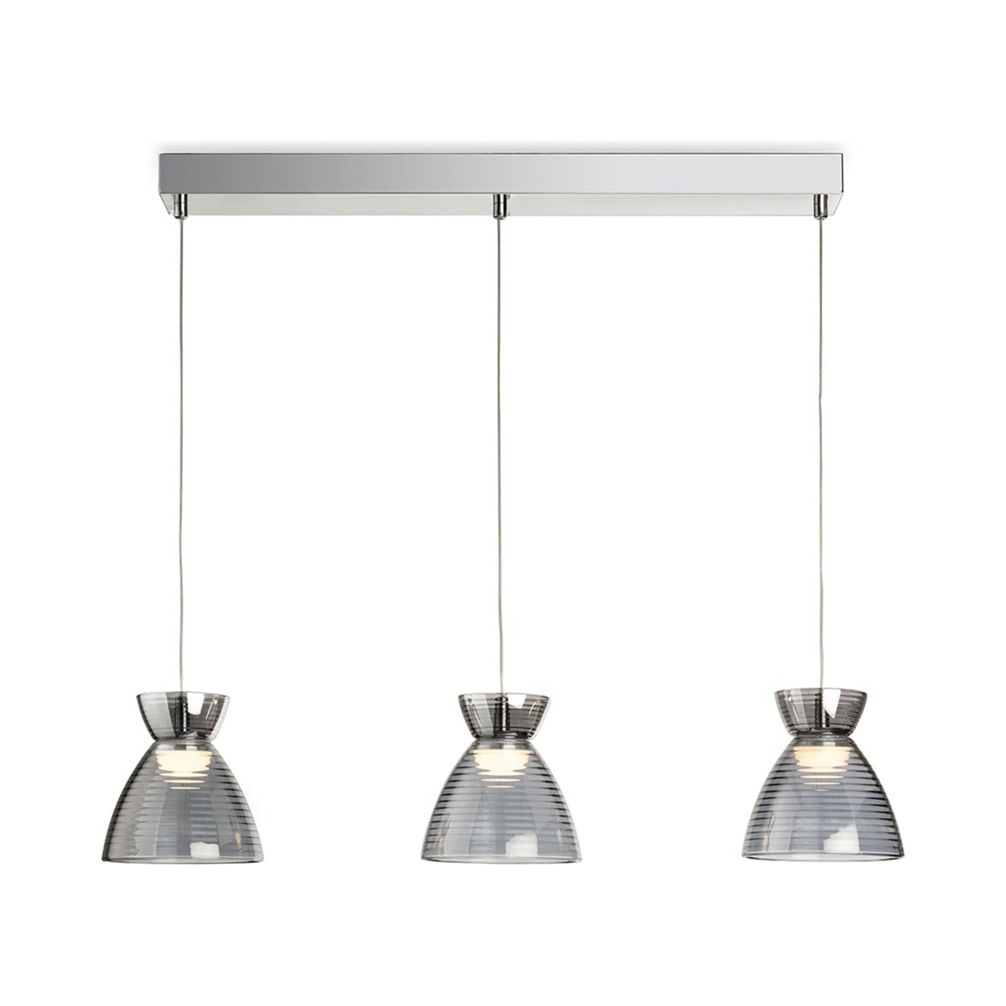 Bexley Textured Glass LED 3 Light Bar Pendant in smoked glass, straight-on view