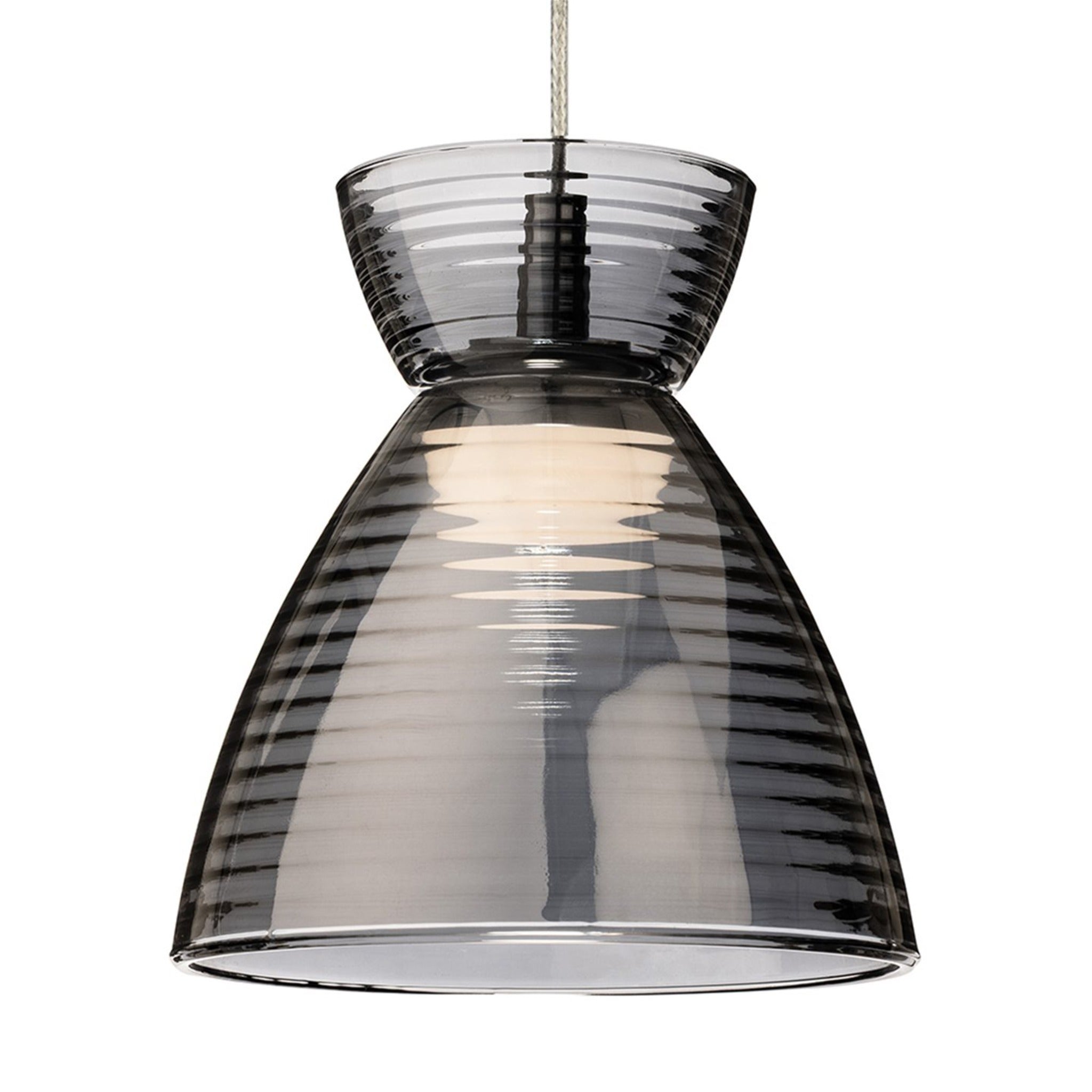 Single smoked ribbed glass shade of the Bexley 3 Light Bar Pendant, lit