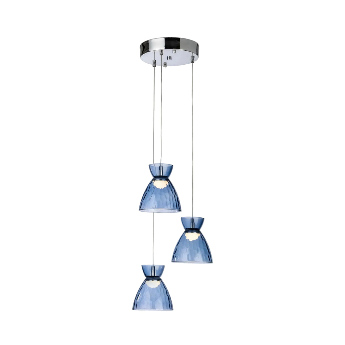 Bexley Textured Glass LED 3 Light Cluster Pendant in chrome with blue dimpled glass shades at staggered heights