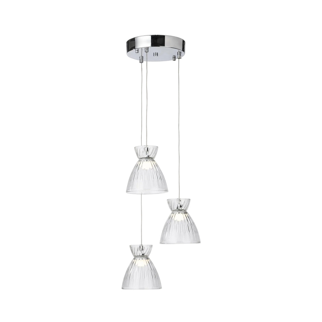 Bexley Textured Glass LED 3 Light Cluster Pendant in chrome with clear fluted glass shades at staggered heights