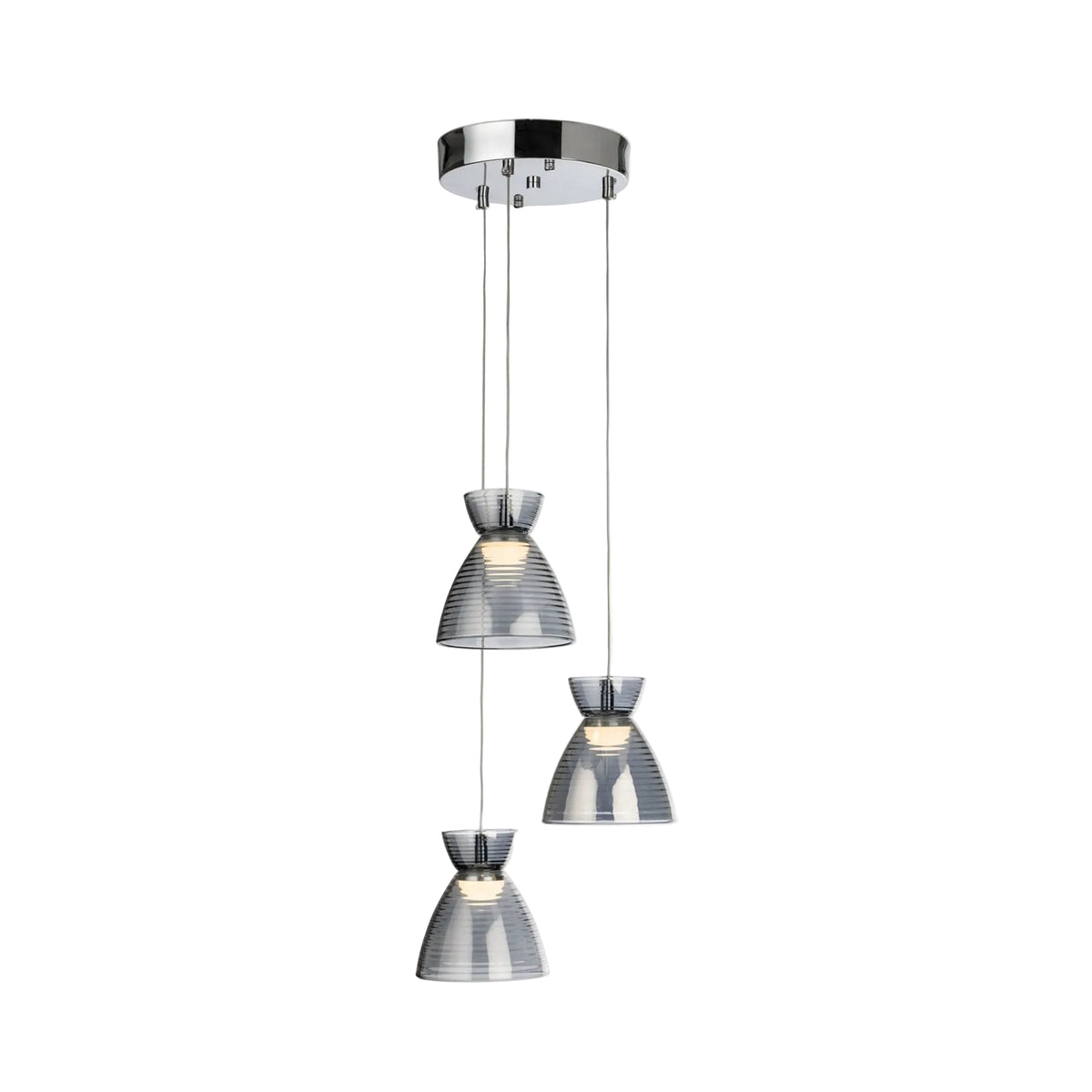 Bexley Textured Glass LED 3 Light Cluster Pendant in chrome with smoked ribbed glass shades at staggered heights