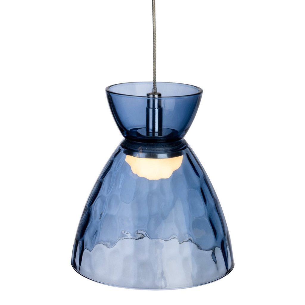 Bexley pendant in blue dimpled glass, lit