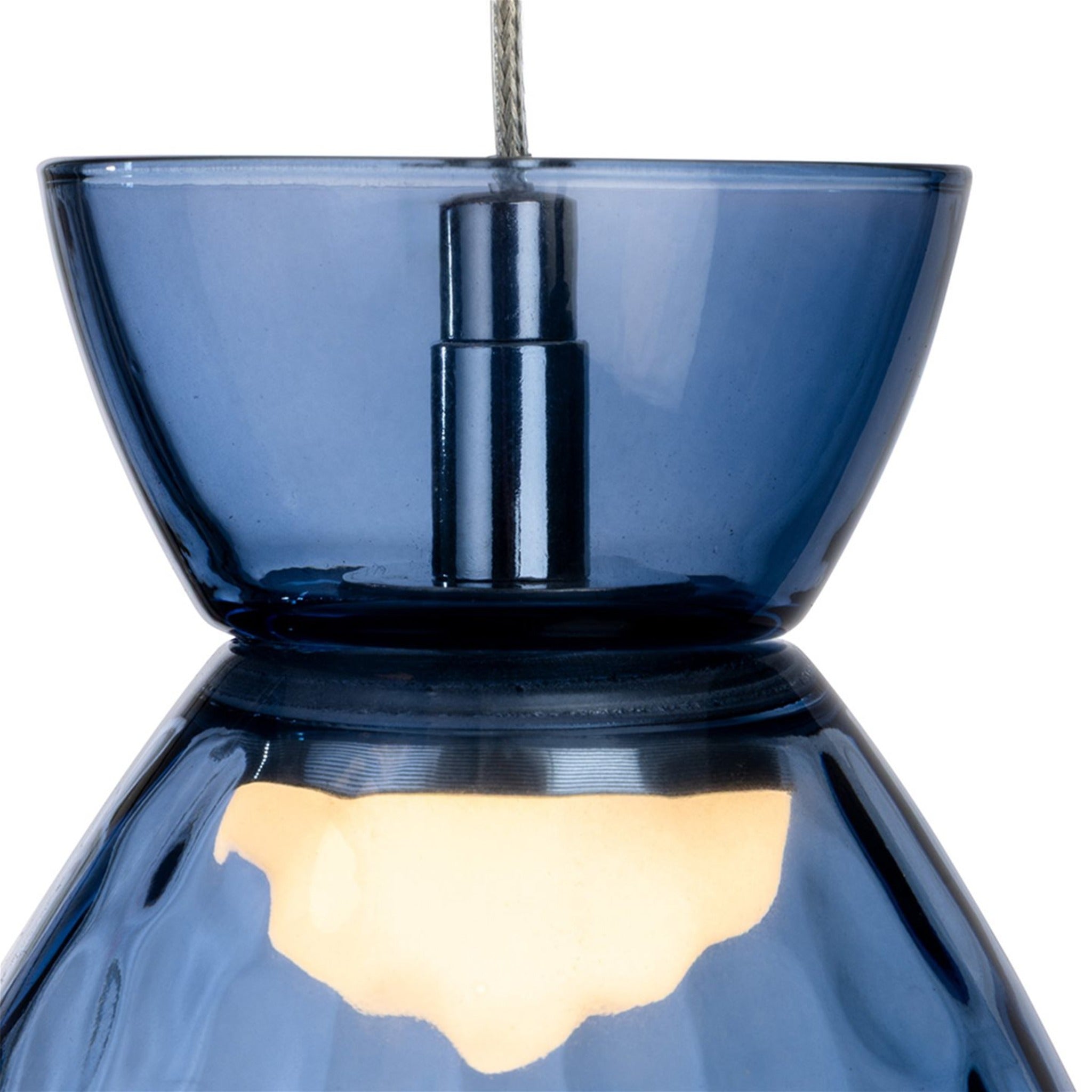 Close-up of the blue dimpled glass shade and LED module