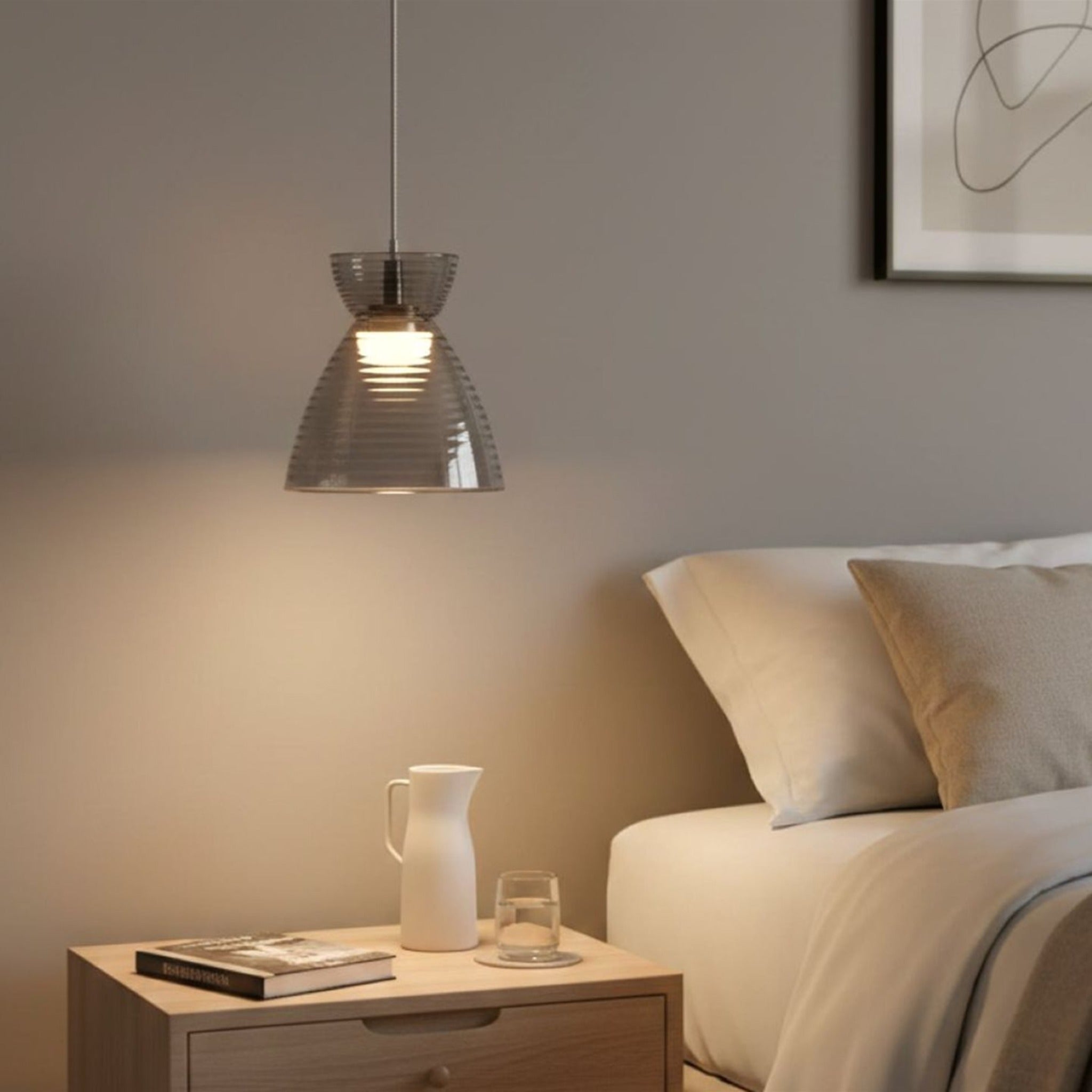 Bexley pendant in smoked glass over a bedside table