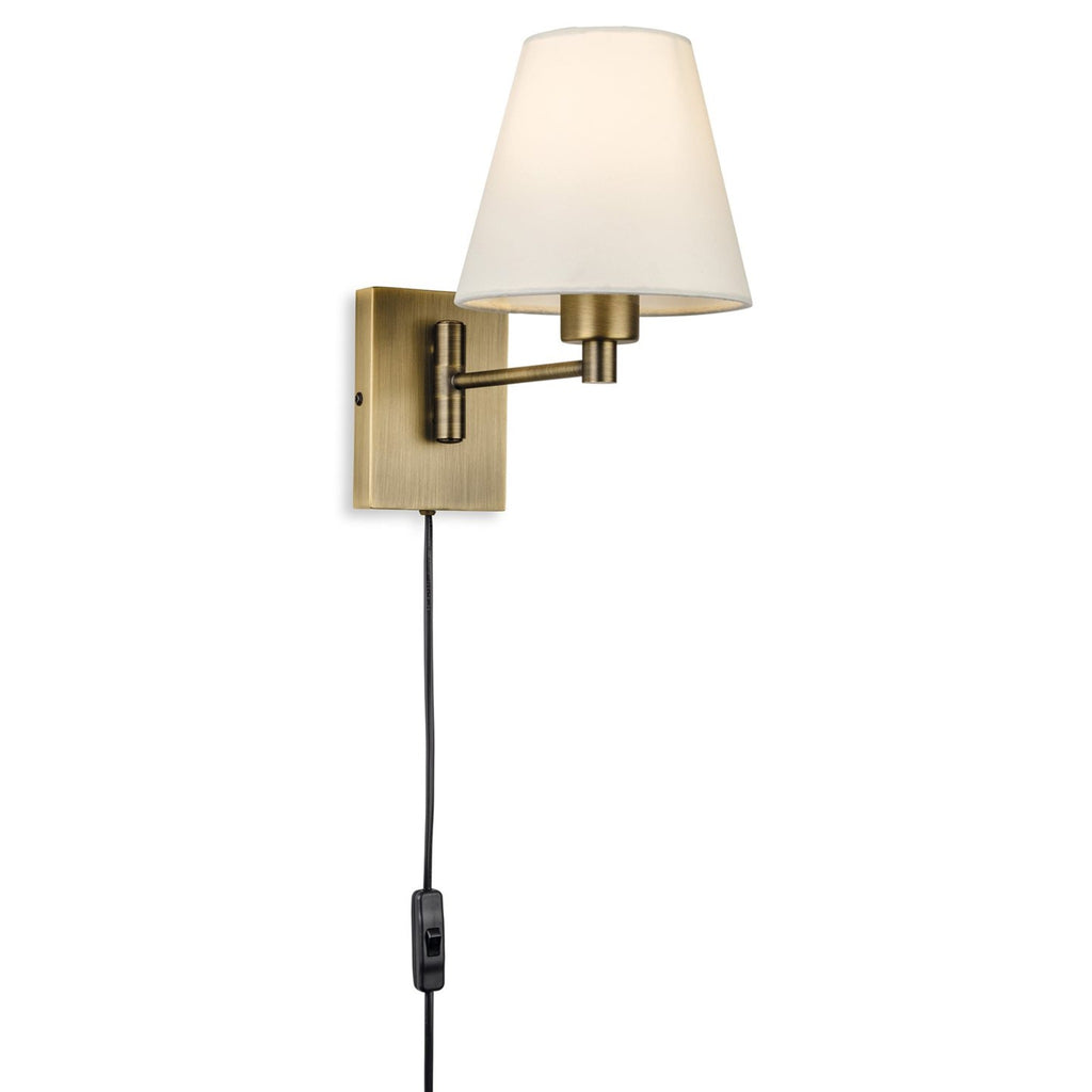 Blythe Swing Arm Plug-In Wall Light in bronze with a cream tapered shade, side view with the flex and in-line switch