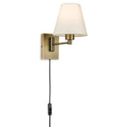 Blythe Swing Arm Plug-In Wall Light in bronze with a cream tapered shade, side view with the flex and in-line switch