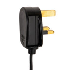 Close-up of the UK three-pin plug on the black flex of the Blythe Swing Arm Plug-In Wall Light in bronze
