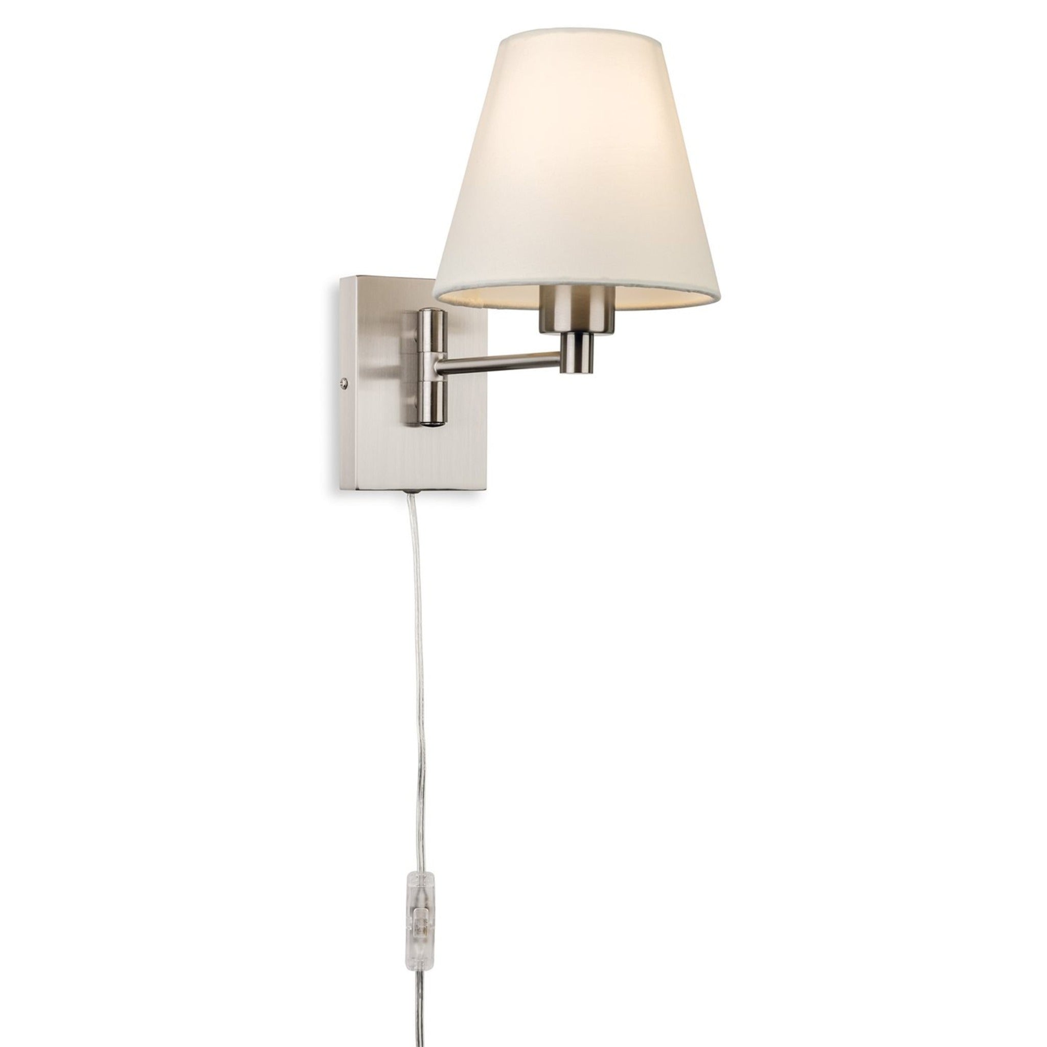 Blythe Swing Arm Plug-In Wall Light in brushed steel with a cream tapered shade, side view with the flex and in-line switch