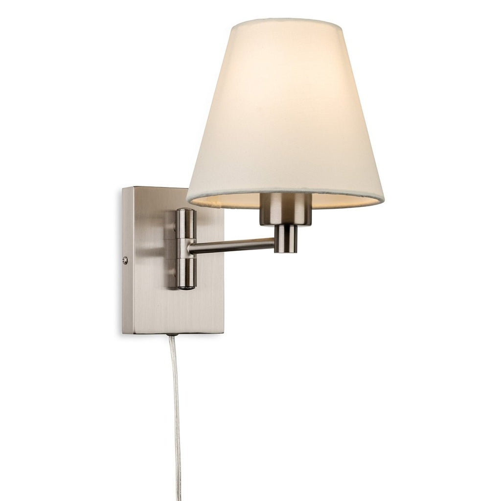Blythe Swing Arm Plug-In Wall Light in brushed steel, angled view showing the jointed arm and square backplate