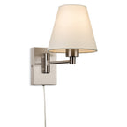 Blythe Swing Arm Plug-In Wall Light in brushed steel, angled view showing the jointed arm and square backplate