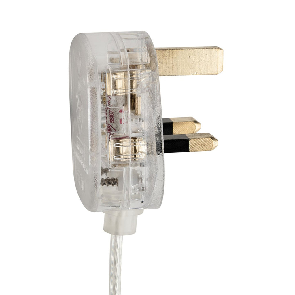 Close-up of the clear UK three-pin plug on the Blythe Swing Arm Plug-In Wall Light in brushed steel