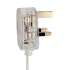 Close-up of the clear UK three-pin plug on the Blythe Swing Arm Plug-In Wall Light in brushed steel