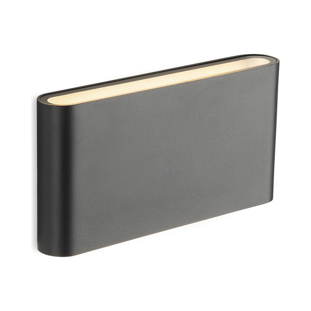 Brecon Slim LED Up & Down Wall Light in graphite, angled view lit