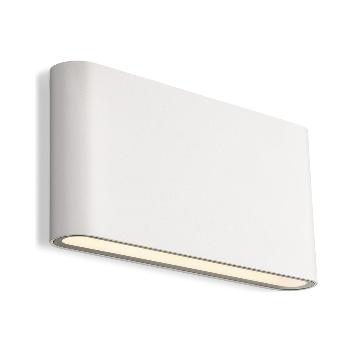 Brecon Slim LED Up & Down Wall Light in white, angled view lit