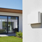 Brecon Slim LED Up & Down Wall Light in white mounted on an exterior house wall