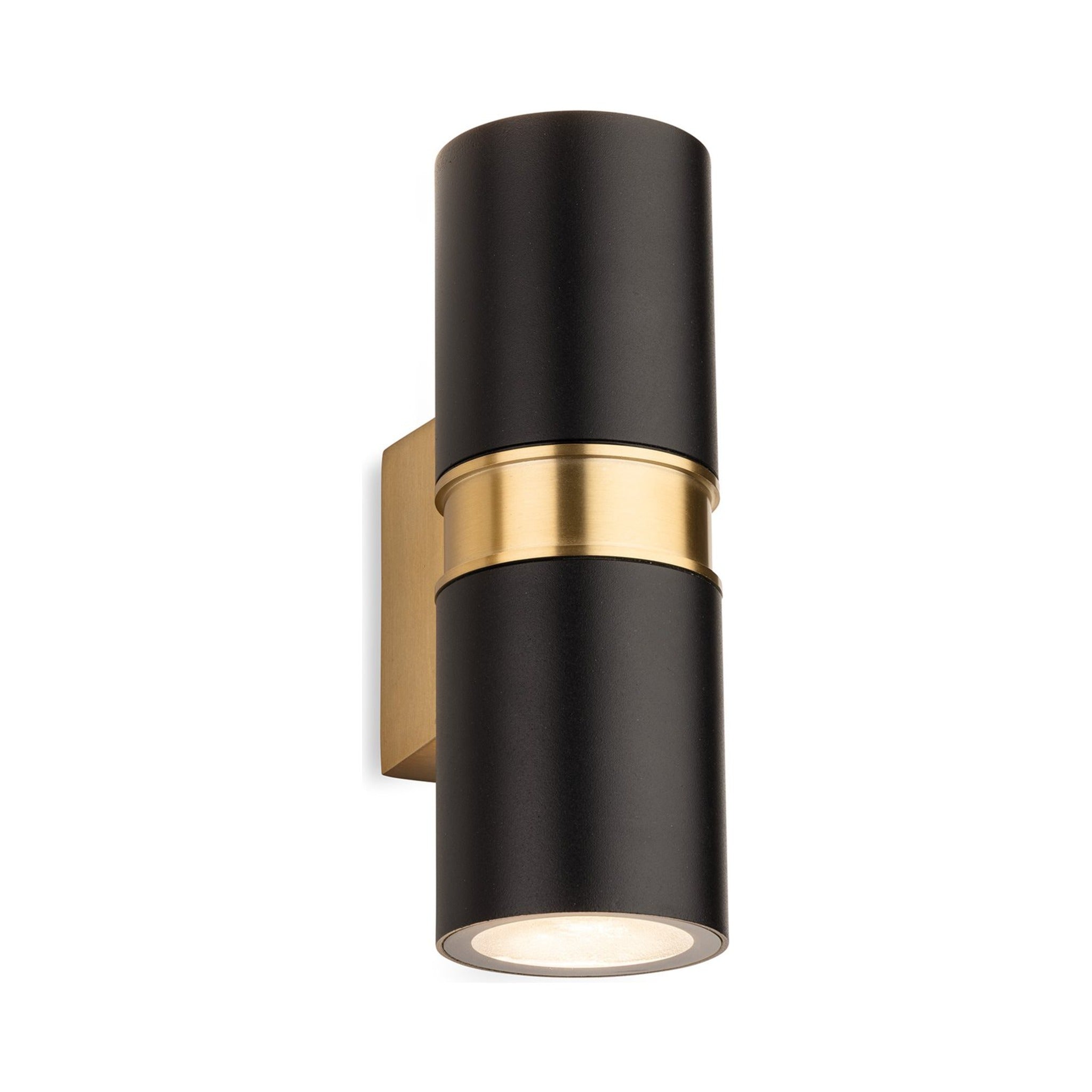 Denby Slim Up & Down Wall Light in black with a brushed brass collar, angled view