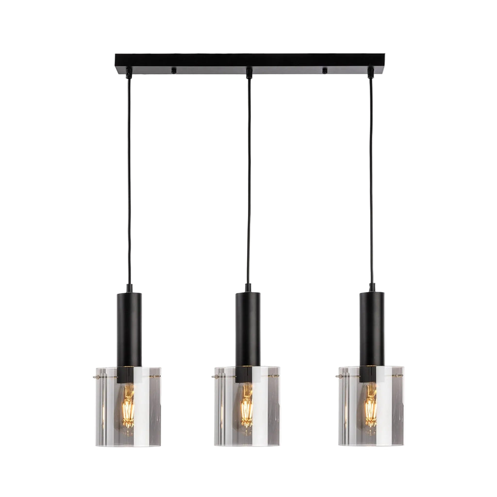 Elden Smoked Glass 3 Light Bar Pendant in black, three lit smoked glass shades on a straight black bar