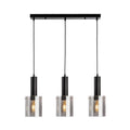 Elden Smoked Glass 3 Light Bar Pendant in black, three lit smoked glass shades on a straight black bar