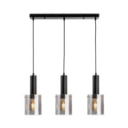 Elden Smoked Glass 3 Light Bar Pendant in black, three lit smoked glass shades on a straight black bar
