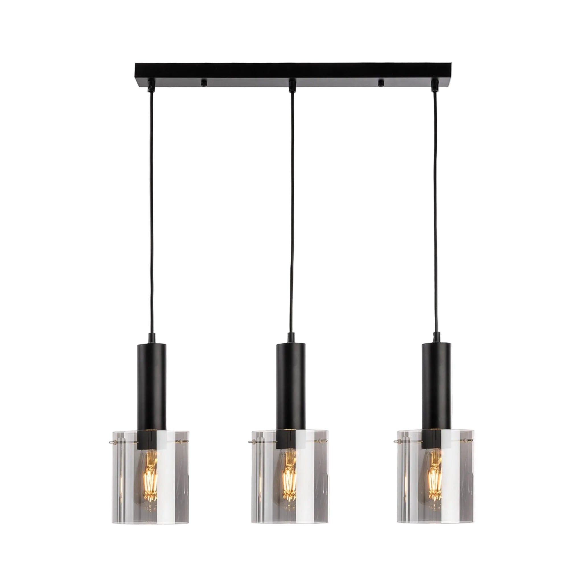 Elden Smoked Glass 3 Light Bar Pendant in black, three lit smoked glass shades on a straight black bar