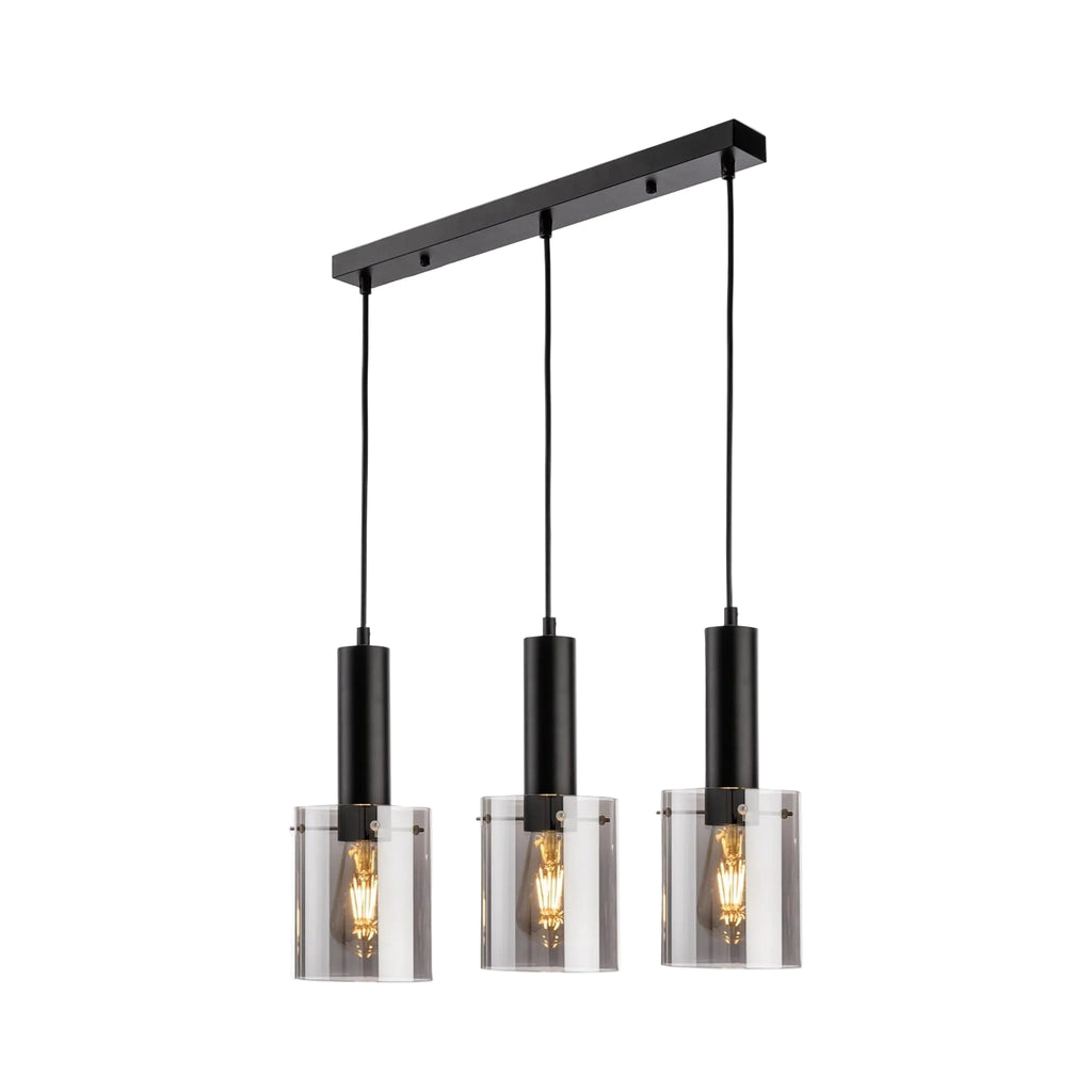 Angled view of the Elden Smoked Glass 3 Light Bar Pendant in black