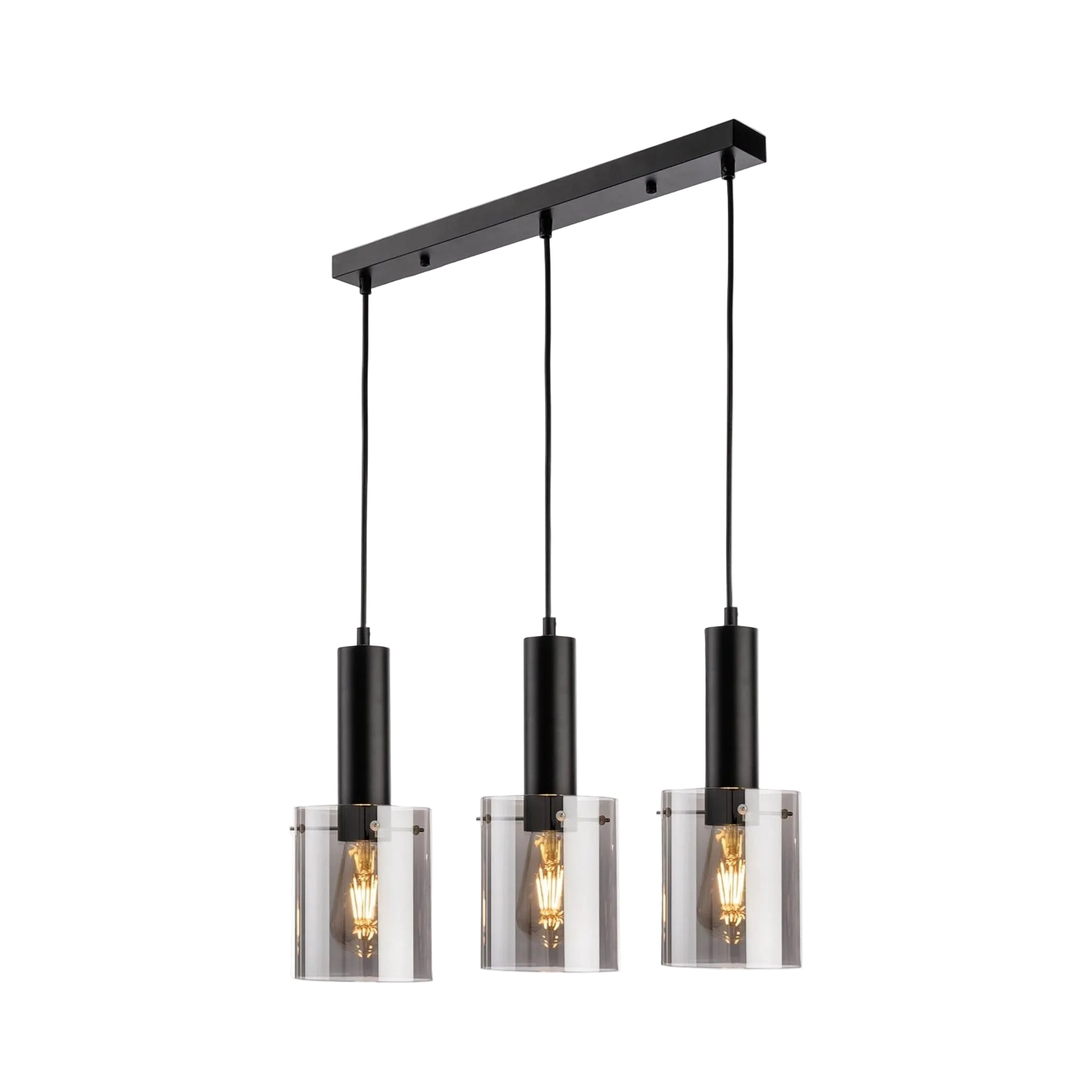 Angled view of the Elden Smoked Glass 3 Light Bar Pendant in black