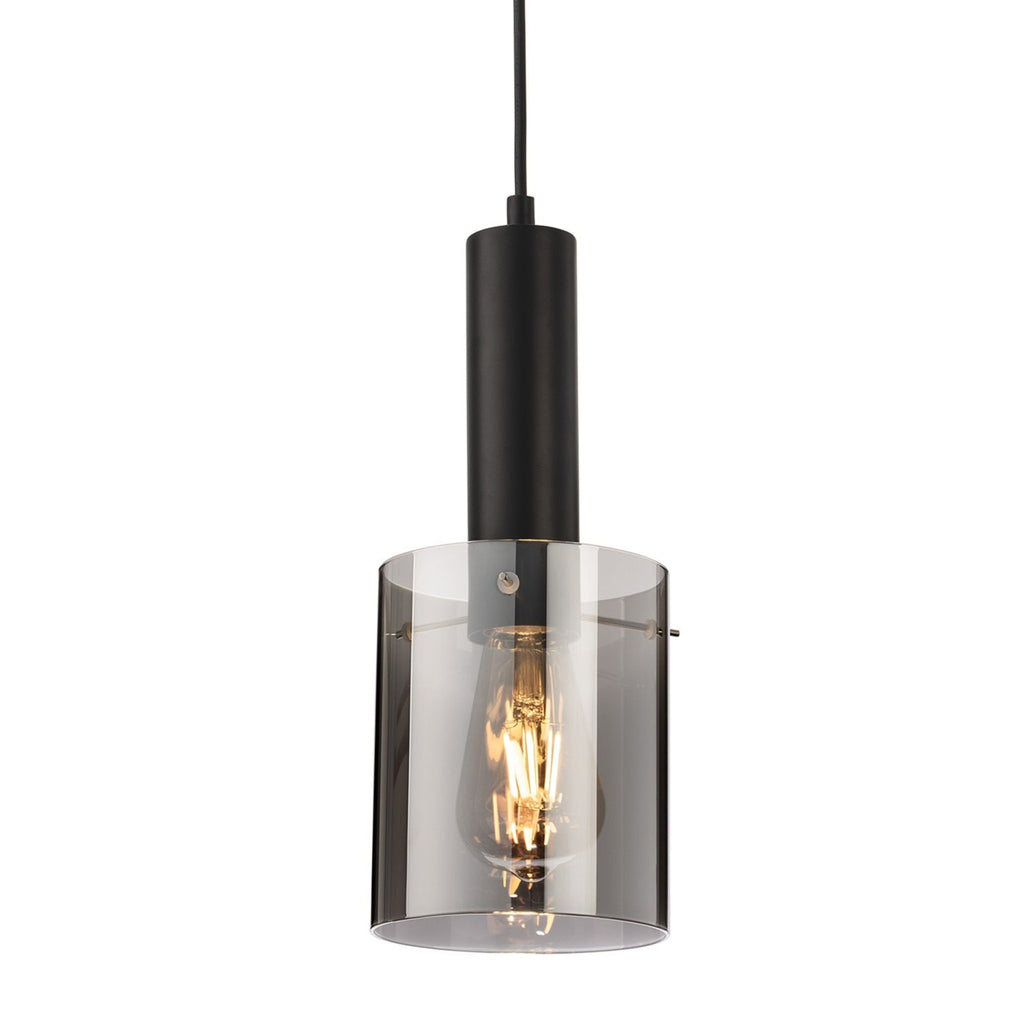 Close-up of a single black stem and smoked glass shade on the Elden 3 Light Bar Pendant