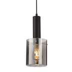 Close-up of a single black stem and smoked glass shade on the Elden 3 Light Bar Pendant