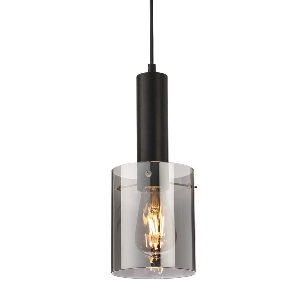 Elden Smoked Glass Pendant in black, lit, shown against a white background