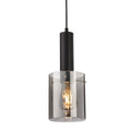 Elden Smoked Glass Pendant in black, lit, shown against a white background