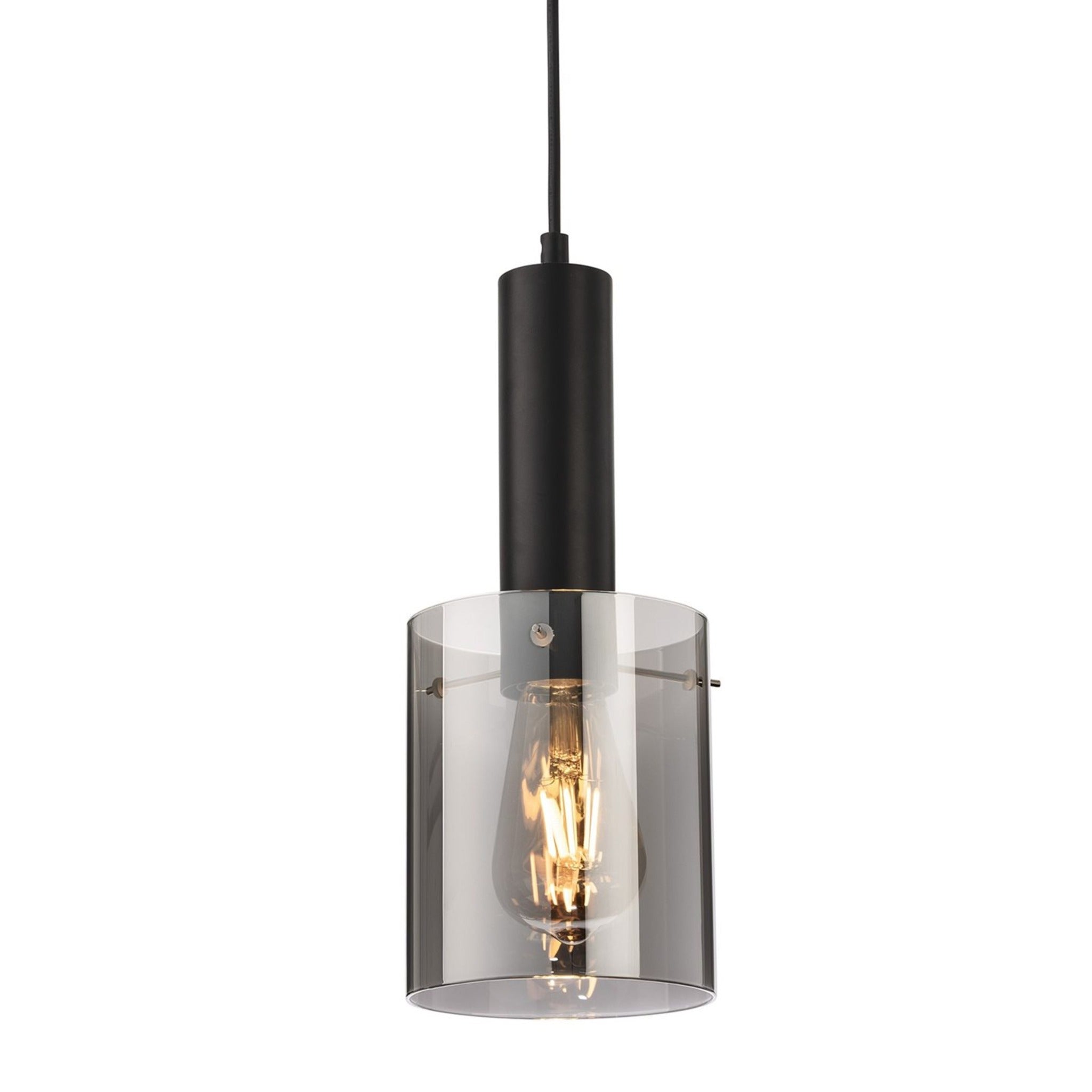 Elden Smoked Glass Pendant in black, lit, shown against a white background
