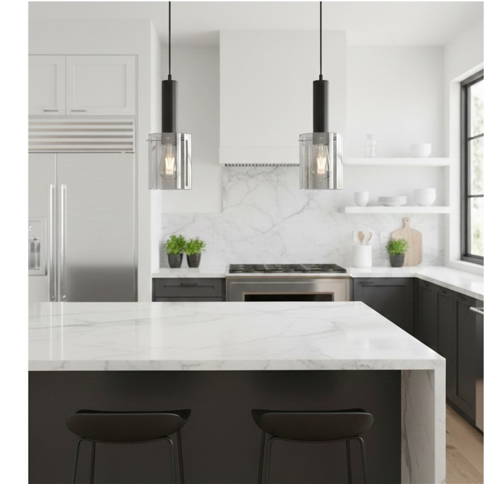 Two Elden Smoked Glass Pendants in black hanging over a marble kitchen island