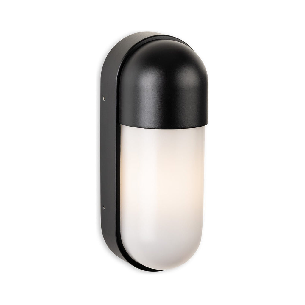 Elgin Oval Bulkhead Outdoor Wall Light in black, side-angled view showing its shallow projection
