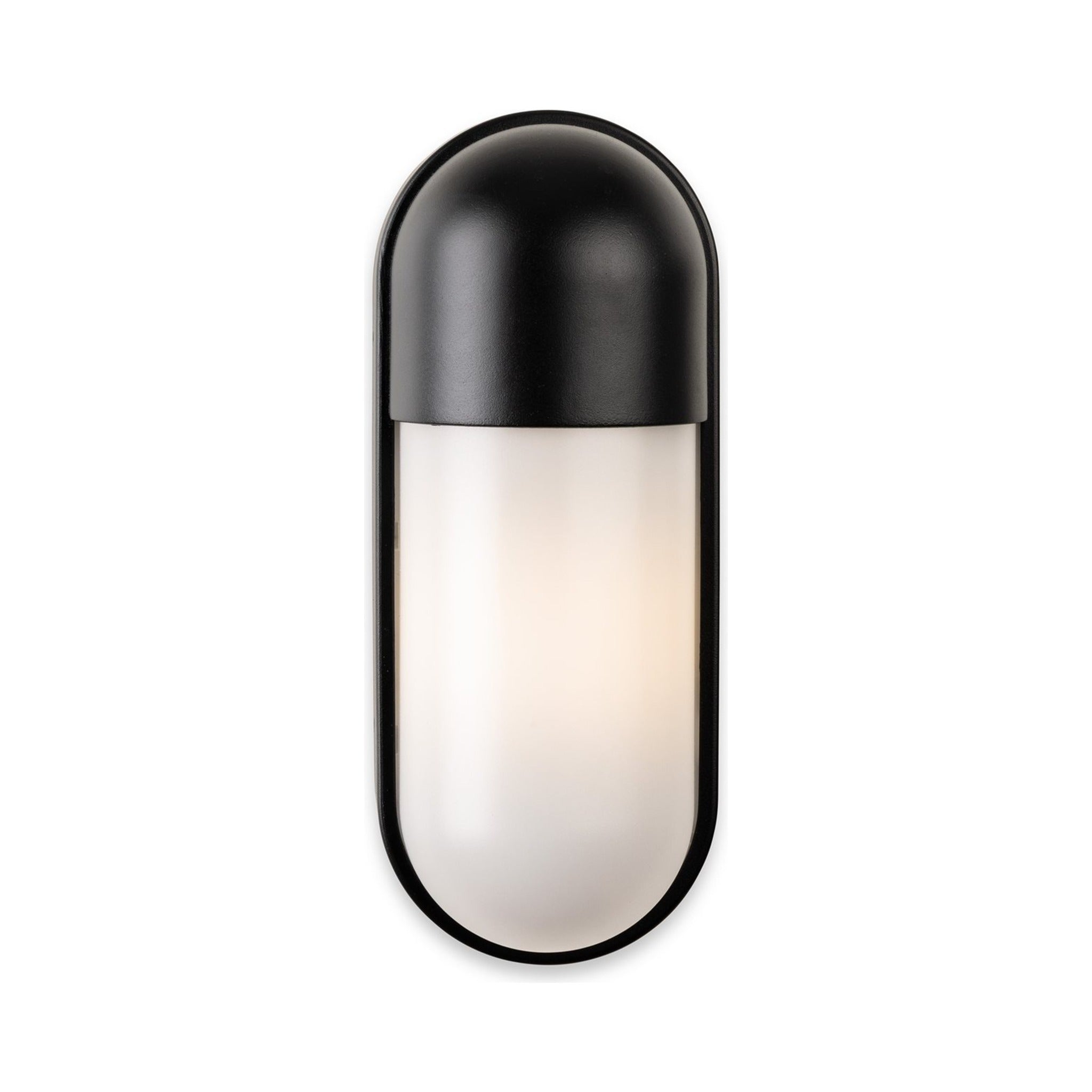 Elgin Oval Bulkhead Outdoor Wall Light in black, lit front view showing the glow through the opal diffuser