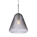 Elin Dimpled Glass Pendant in smoked glass with chrome suspension, lit and shown straight on