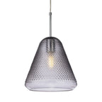 Elin Dimpled Glass Pendant in smoked glass with chrome suspension, lit and shown straight on