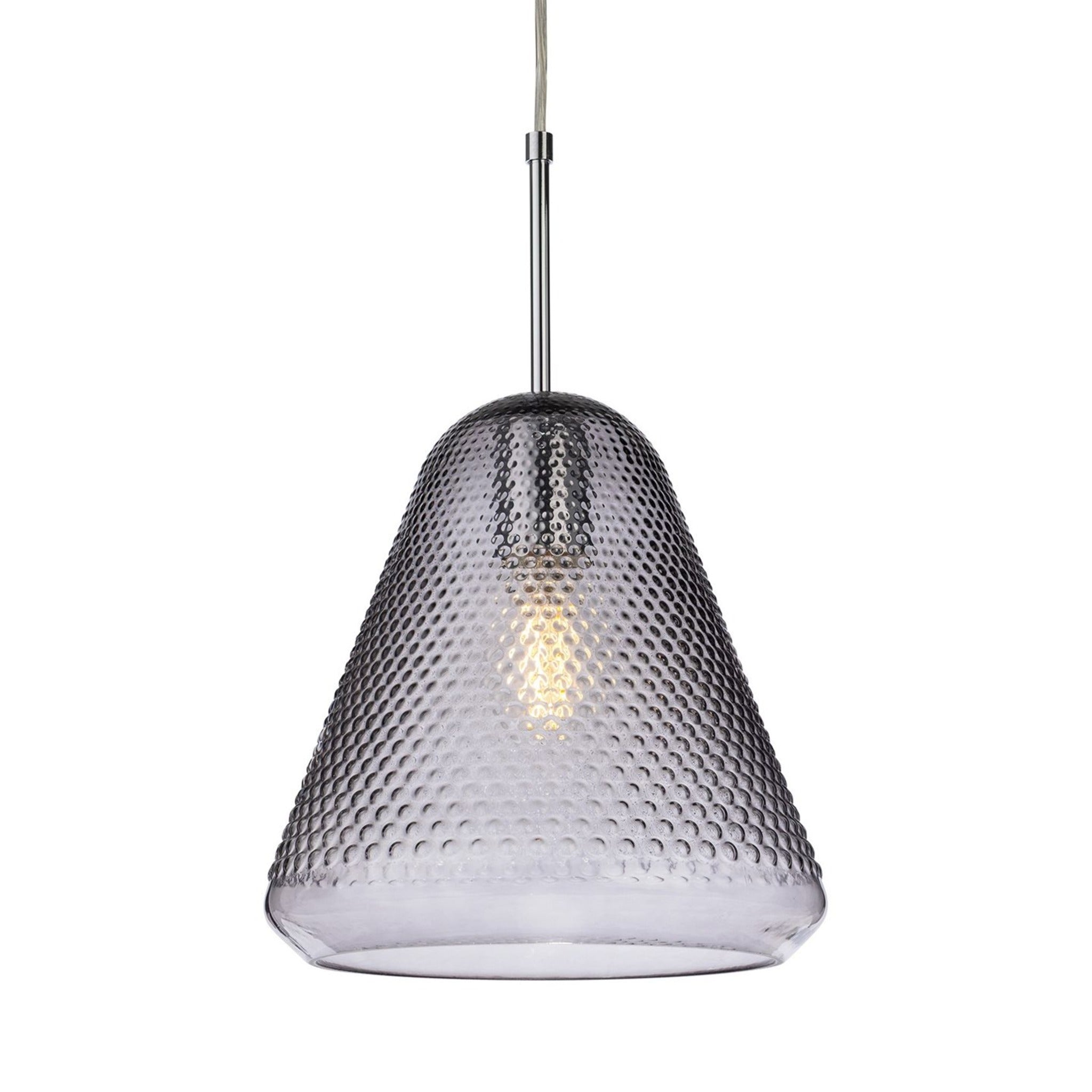 Elin Dimpled Glass Pendant in smoked glass with chrome suspension, lit and shown straight on
