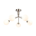 Ellis 5 Globe Semi-Flush Ceiling Light in brushed steel, angled view showing five opal white glass globes on splayed arms