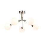 Ellis 5 Globe Semi-Flush Ceiling Light in brushed steel, angled view showing five opal white glass globes on splayed arms