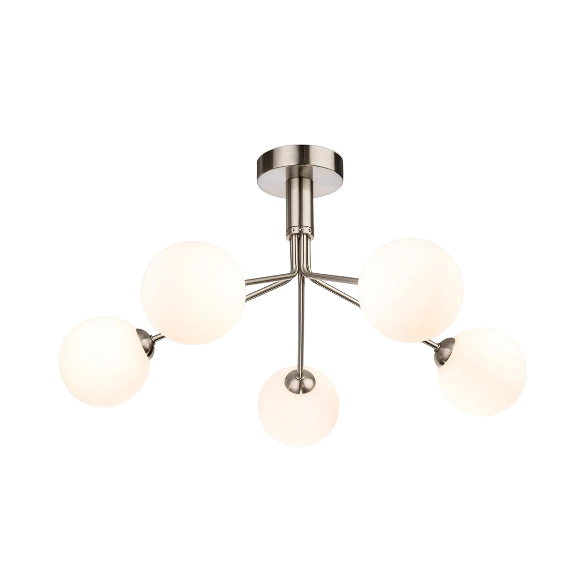 Ellis 5 Globe Semi-Flush Ceiling Light in brushed steel, angled view showing five opal white glass globes on splayed arms
